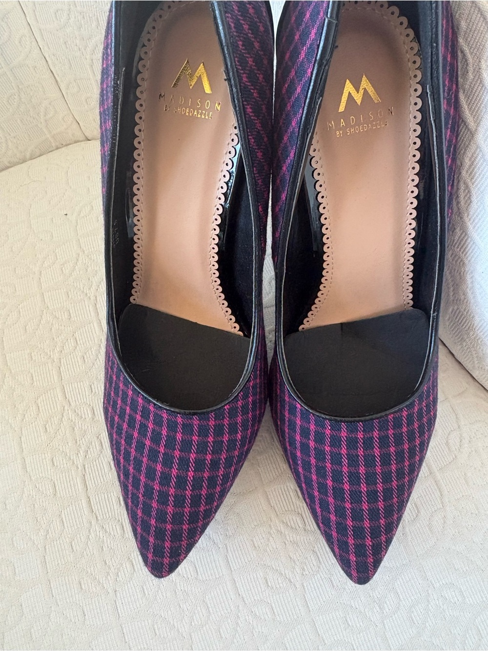 Madison Pink and Black Plaid Pointed-Toe Heels
